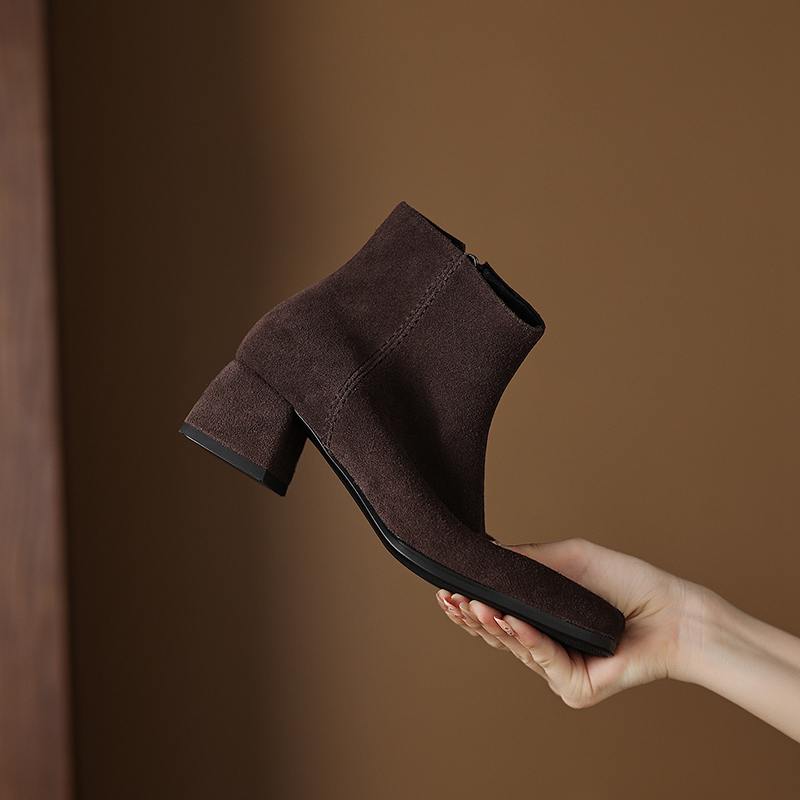 Krazing Pot 2026 cow suede nubuck Winter Square Toe Chunky Heels Chelsea Fashion Boots Women Zip Retro Women Ankle Boots