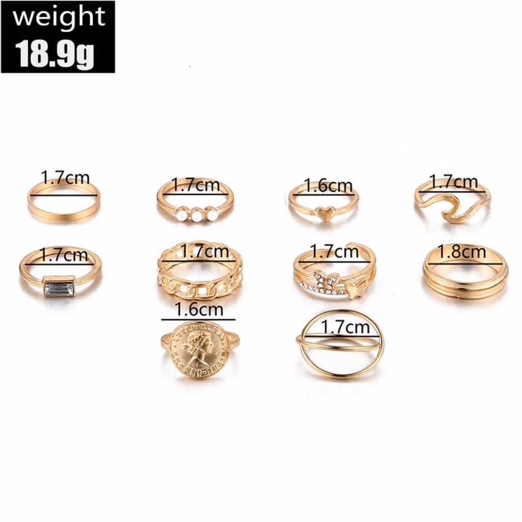 10-Piece Female Ring Set with Zirconium Butterfly Love Artificial Pearl Joint Stacked Ring Set