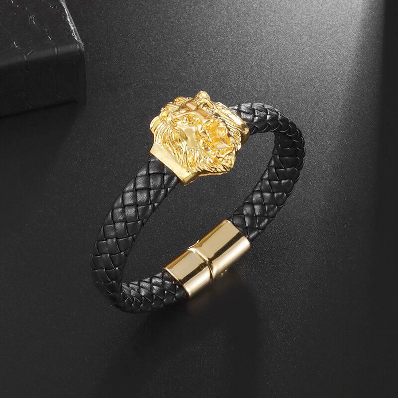 New Punk Style Lion Head Single Layer Handwoven Leather Bracelet Men\'s Domineering Animal Lion Bracelet Casual Jewelry Gift