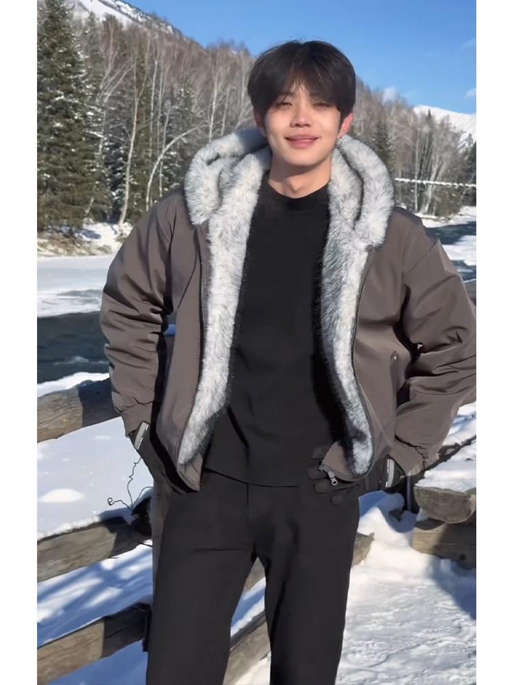 Polar Wolf King Men's Winter Hooded Jacket with Heavyweight Mink Fur and Large Collar, Plus Velvet Thickened Cotton Outerwear