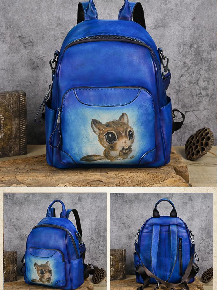 Johnature Retro Echtes Leder Tier Druck Rucksack Frauen Natürliche Echte Rindsleder Tasche Große Kapazität Reise Rucksäcke