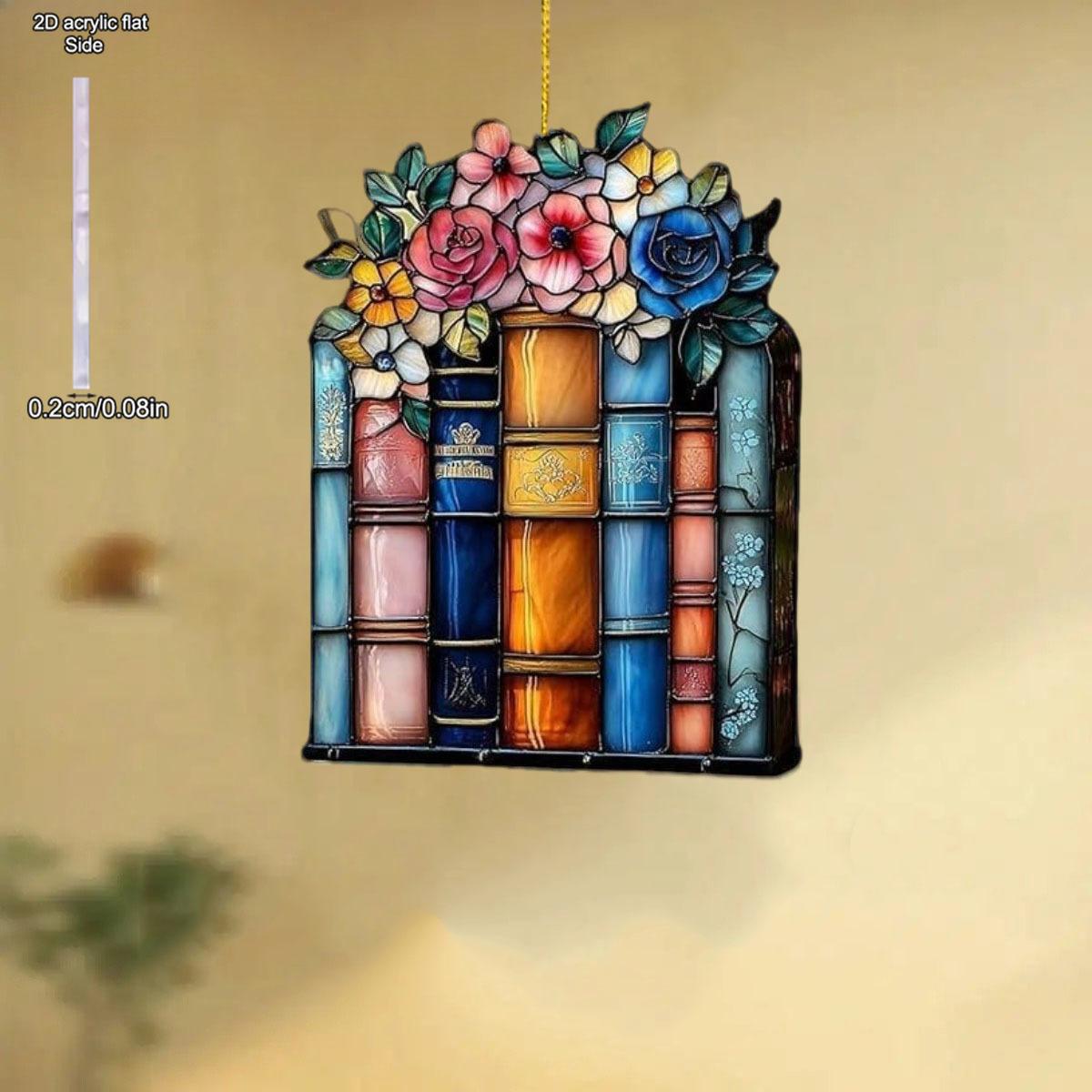 

Floral Book Sun Catcher Ornamen Sign, Car Hanging Ornamen, Stained Glaze Acrylic Decor for Book Lovers, Teacher Librarian Gift, Christmas Tree Hangin 10*10cm