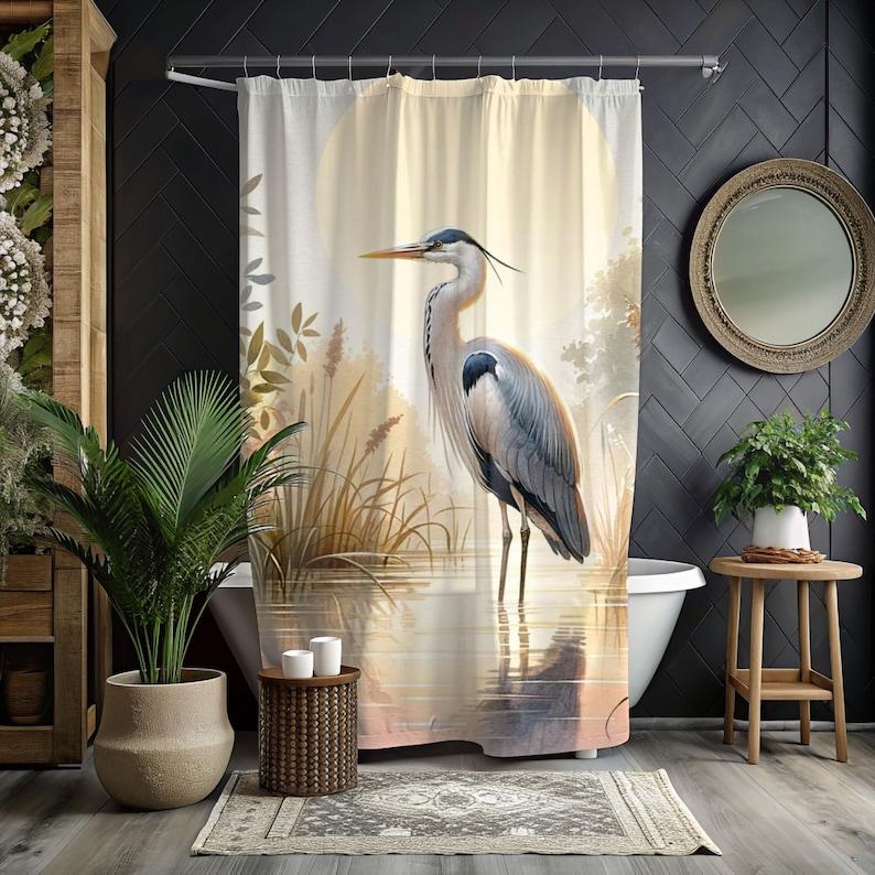 

Blue Heron Coastal Shower Curtain - William Morris Inspired, Beach & River House Decor, Bathroom Accessories W60H190(CM)-1 Pcs