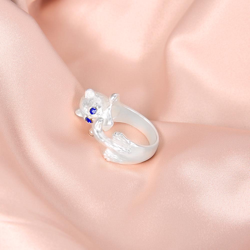 Alloy Diamond-Set Personalized Open Blue-Eyed Cat Ring, Handmade Creative Jewelry Women'S Jewelry