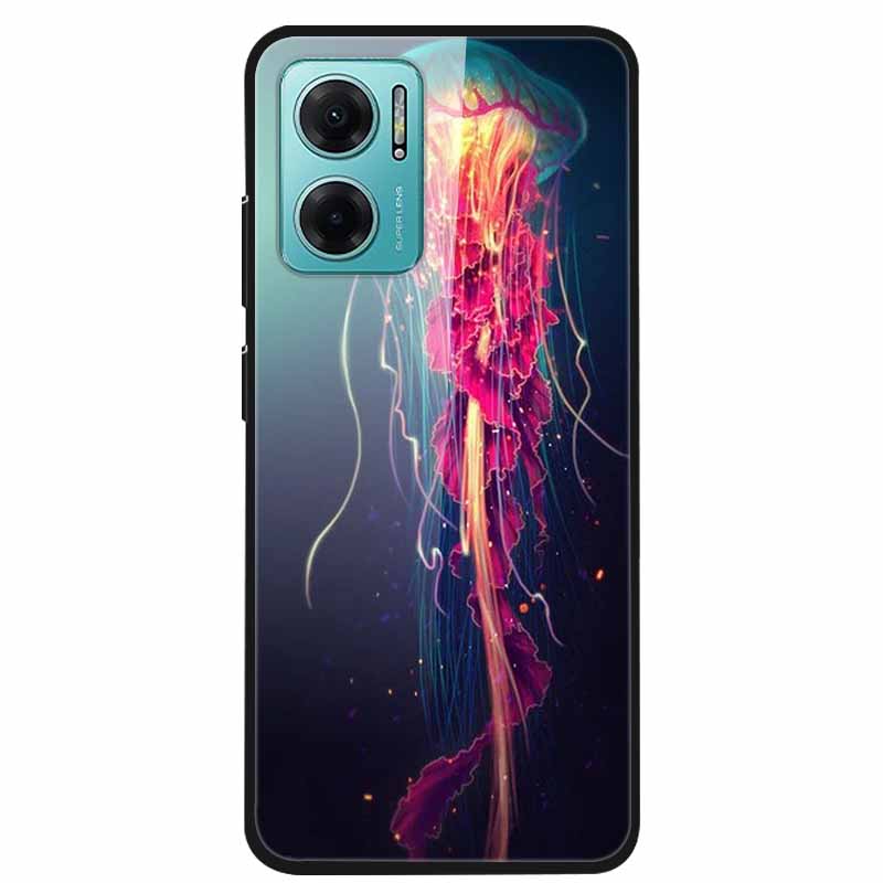 Case For Xiaomi Redmi Note 11E Luxury Tempered Glass Hard Back Cover For Redmi Note 11E Capa Shockproof Flower Funda Wolf Coque