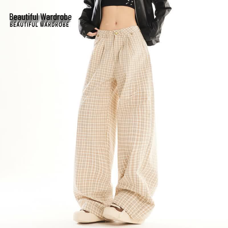 Beautiful Wardrobe Women s American Retro Plaid High-Waist Wide-Leg Pants XL
