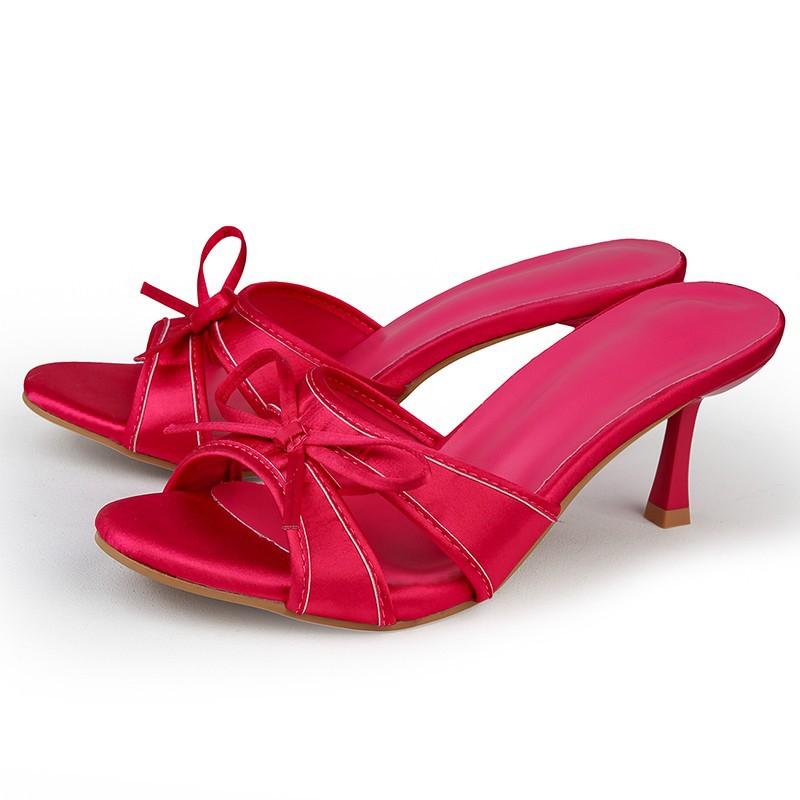 Summer New Fashion Breathable Open‑Toe High‑Heel Sandals, Versatile Simple Bow Thin‑Heel Slide Slippers