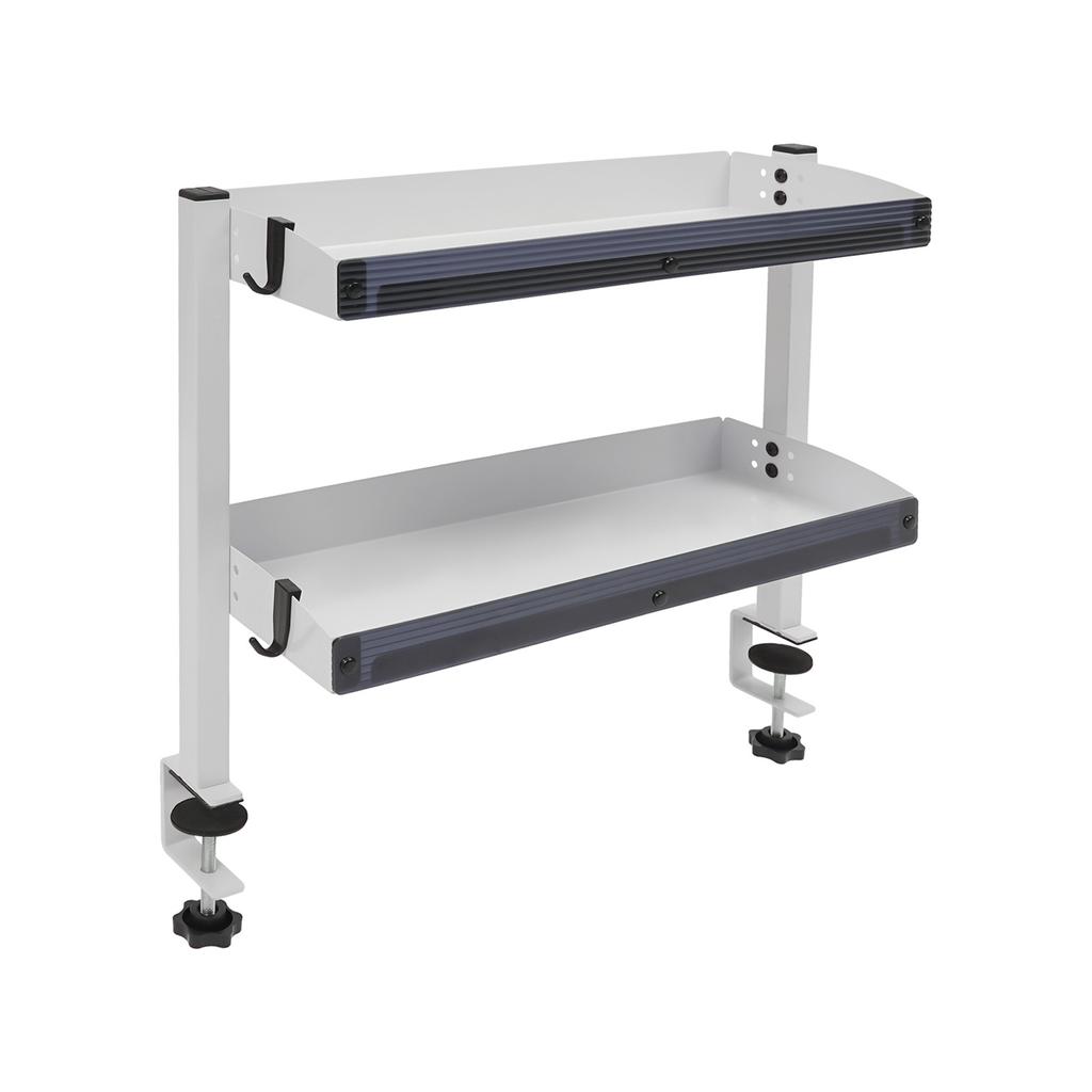 Clamp-On Desk Shelf – 2-Tier Under/Over Desk Storage Organizer with Guardrail – White