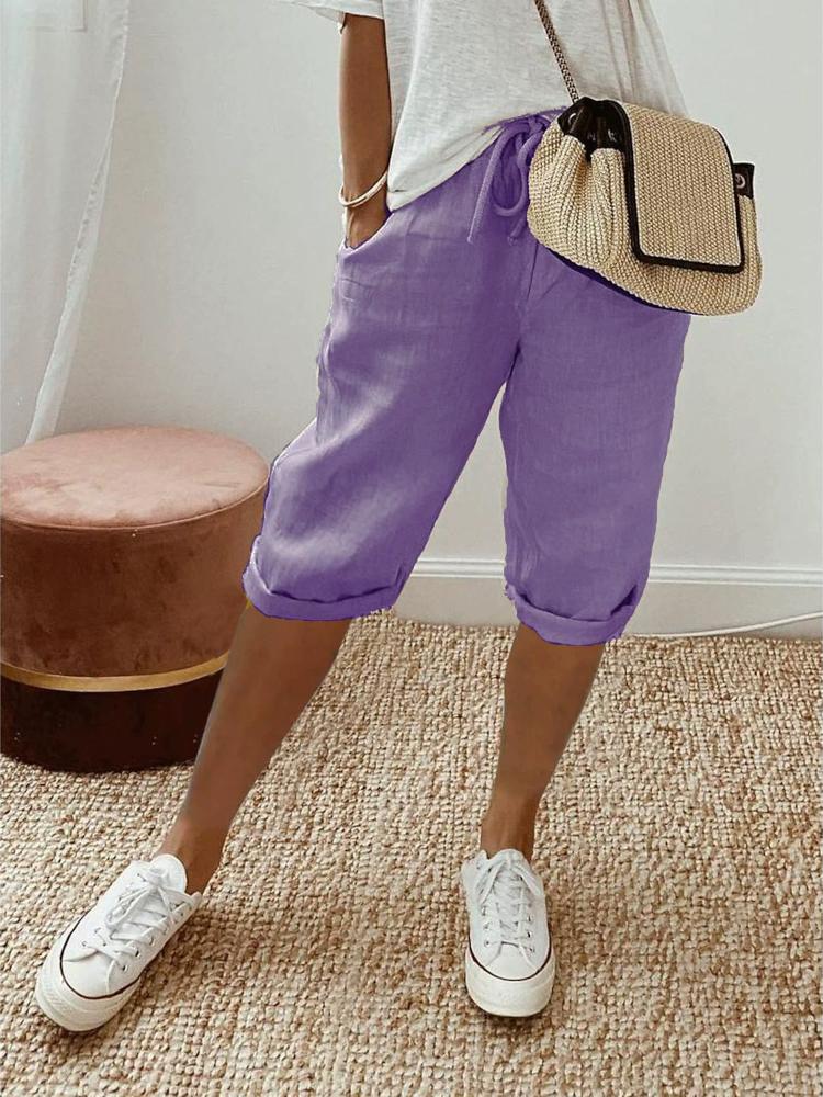 Thickened Fabric Women's Cotton Linen Pocket Elastic Casual Pants Women's Pants Quarter Pants