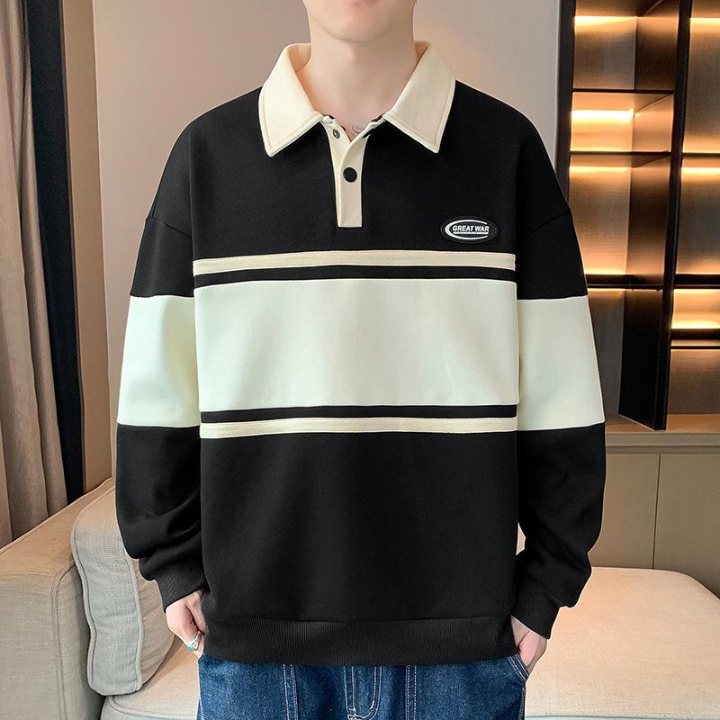 

Новый мужской свитер со студенческой футболкой с длинным рукавом, поло с лацканами, мужской свитер 3XL чёрный