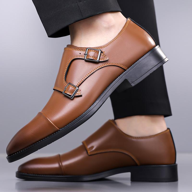Britain Gentleman Retro Men Pointed Monk Strap Loafter Patchwork Flats Leather Shoes Casual Loafers Formal Dress Footwear