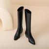 Krazing Pot Cow Skin Microfiber Pointed Toe Thick High Heels Knee Boots Size 46 Size 45 Slip on Plus Size Women Keep Warm Long Boots