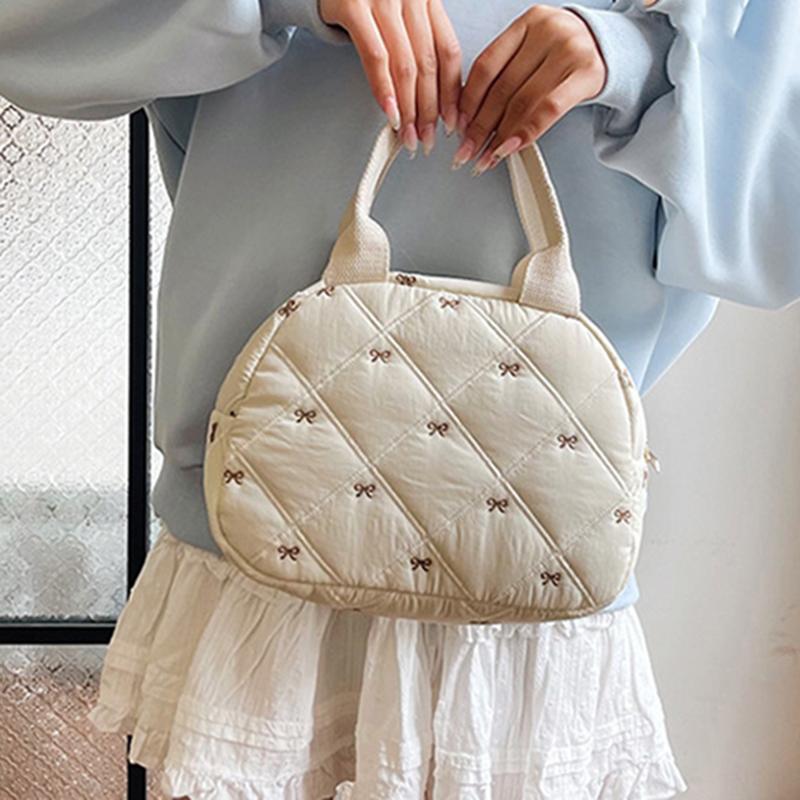 Stitching Embroidery Butterfly Knot Handbag Simple Style Soft Cotton Commuter Lunch Box Bag Student Handheld Bag Pouch