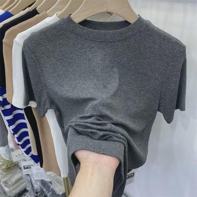 Dames 2023 Europese Stijl Geribbelde T-shirt met Korte Mouwen en Slankmakende Pasvorm, Effen Kleur