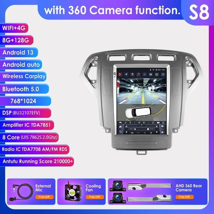 Autoradio Android 13 9.7", 128 Go ROM, 8 Go RAM, S8 AHD2 IA, S8 avec caméra 360