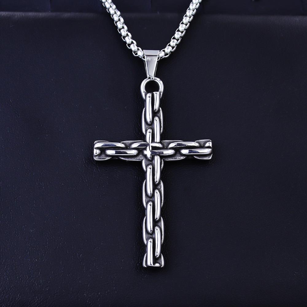 Trendy Men's Titanium Wheat Ear Cross Pendant Necklace with Long Pearl Chain