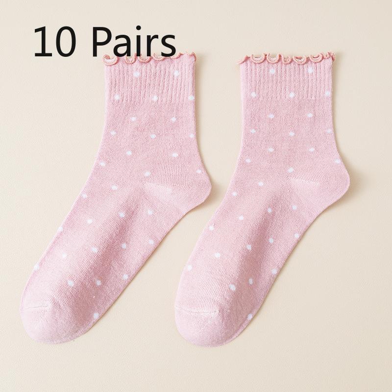 10 Pairs of Female Autumn Lovely Fungus Lace Small Polka Dot Tube Socks