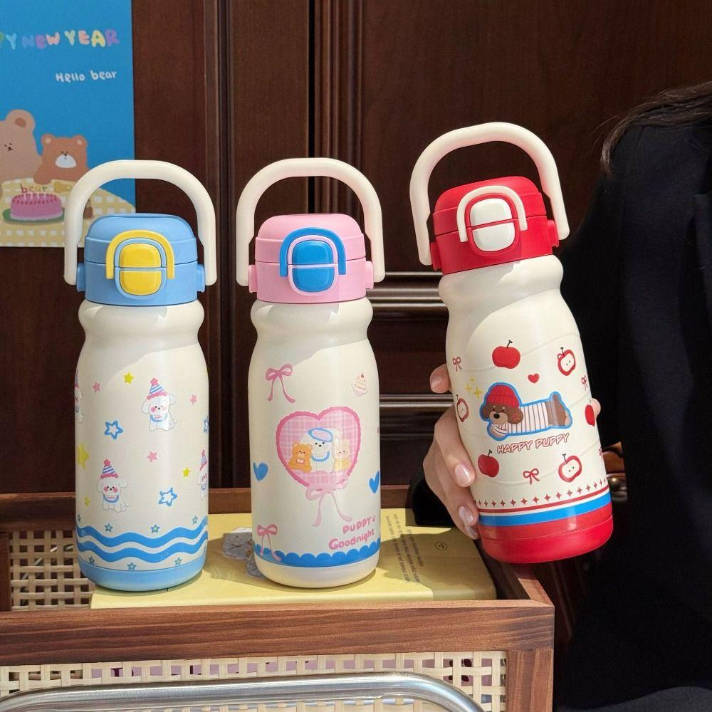 Insulation Or Cooling Vacuum Cup 500ML Straw Tumbler Cute Puppy Thermal Water Bottle