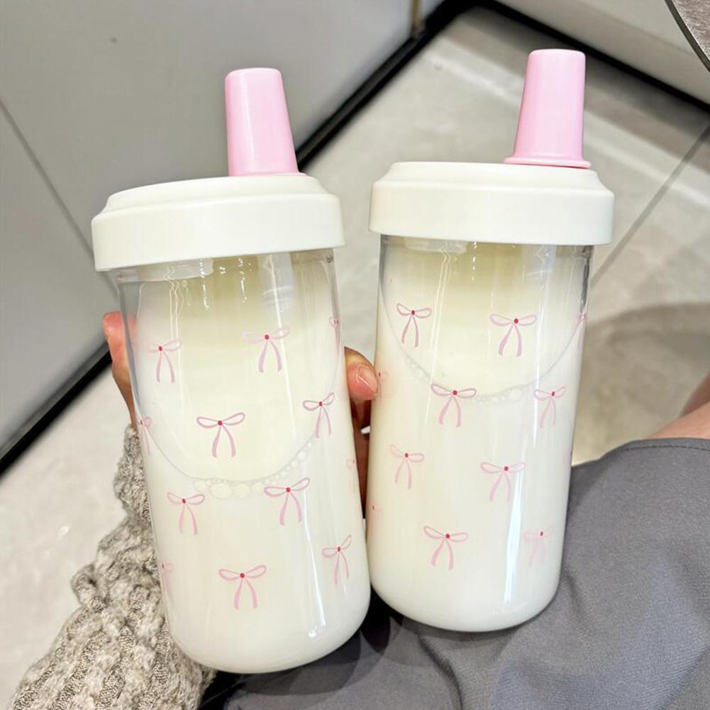 500/700ML Pink Bow Straw Water Bottle With Lid Cute Coffee Bubble Milk Tea Plastic Cup For Outdoor School Drinking Water Bottles