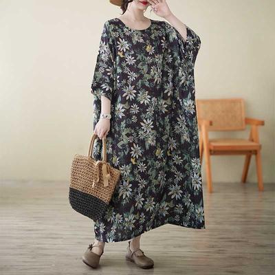 Robe Imprimée en Coton et Lin Été Nouveau Col Rond avec Manches Rotatives Ample Grande Taille Mère d'Âge Moyen et Âgée Robe Commerce Extérieur