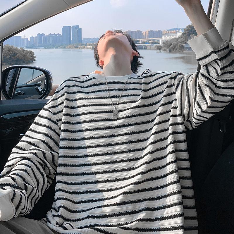 

Мужская осенняя модная футболка с длинным рукавом в ретро-полоску, универсальный топ в стиле хай-стрит с круглым вырезом L белый