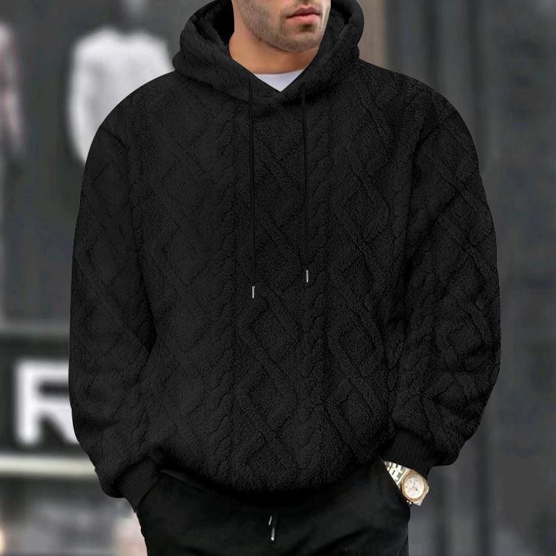 Mens American Casual Loose Fleece Lined Jacquard Hooded Pullover Sweatshirt