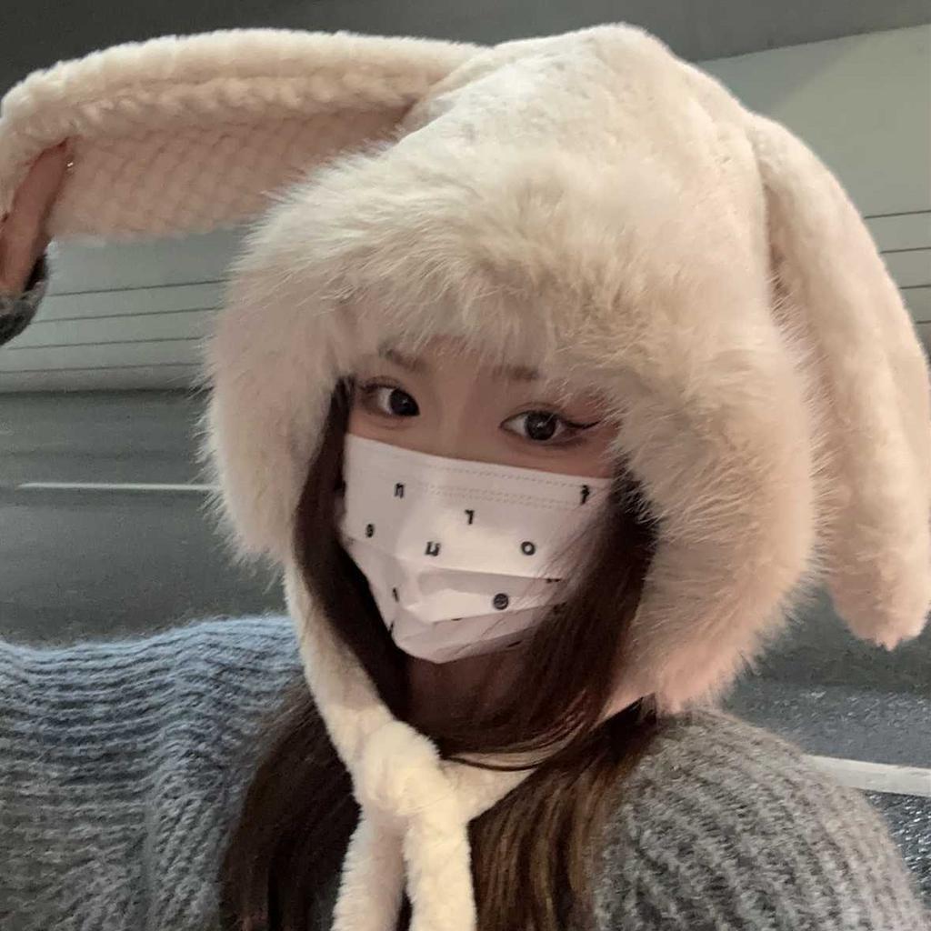 Korean Style Sweet and Cute Autumn and Winter Long Ear Rabbit Hooded Hat To Prevent Cold Student Girls Warm Ear Protecting Hat To Show Small Face