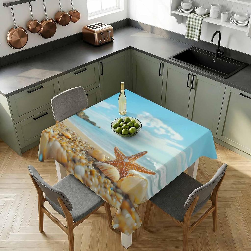 Summer Beach Shell Starfish Rectangle Tablecloth for Table Decor Blue Ocean Theme Kitchen Dining Table Cloth Holiday Party Decor