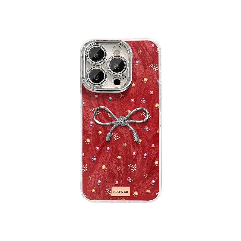 Floral Three-dimensional Bow Suitable for Apple 16 Feather Yarn Mobile Phone Case Iphone15 Full Cover Anti-fall 14 Lens Film 13