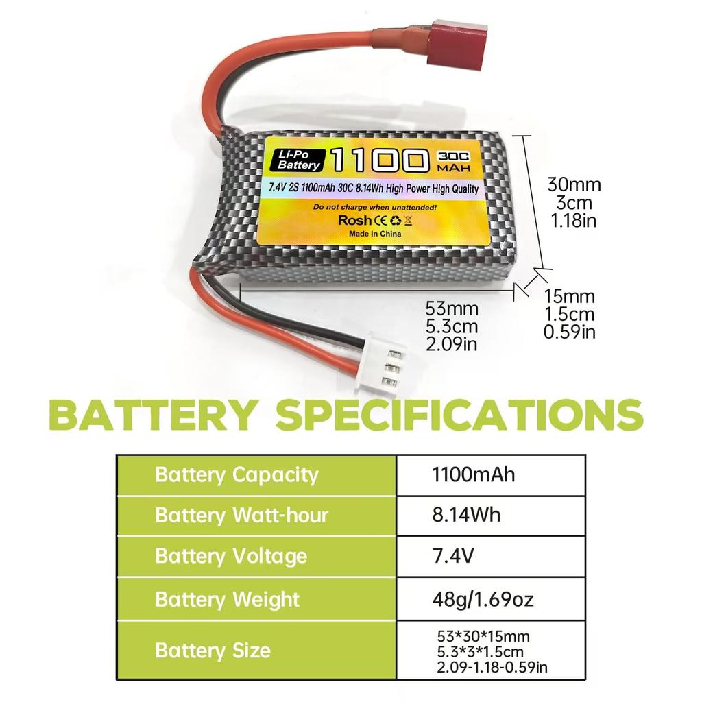 2PCS 7.4V 1100mAh 2S LiPo Battery with Band T-Plug and USB Charging Cable for Haiboxing 18858, 18859, 18859A, 16890A, and XLH Q903, HM163 RC Remote