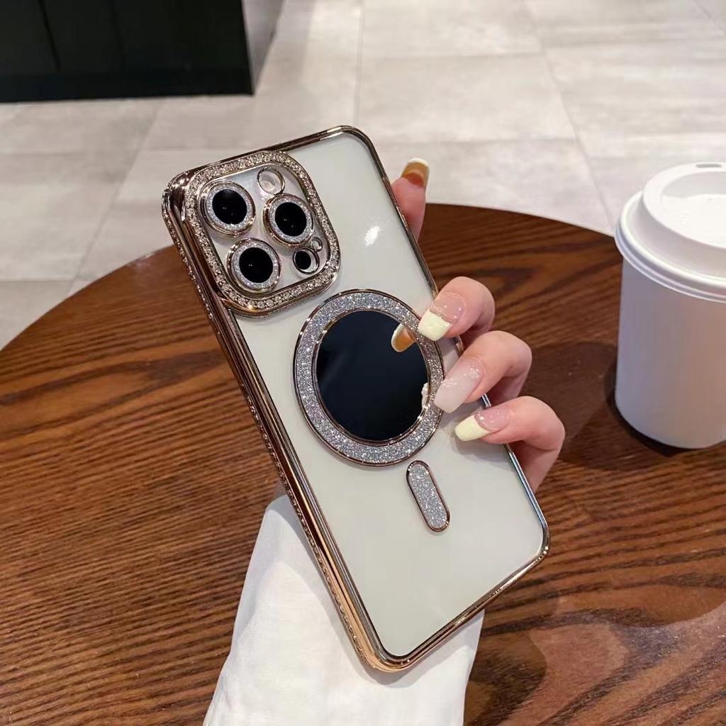 Applicable To Iphone17Pro Rhinestone Flash Powder Magnetic Suction Mobile Phone Case Mirror Apple 16 Luxury Transparent 15 Protective Case