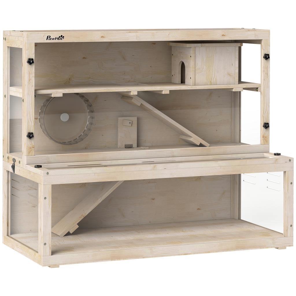 Gabbia per Criceti in Legno con Casetta, Ruota, Rampe, Pannelli di Osservazione Rimovibili, 100 x 50 x 84 cm, Legno Naturale
