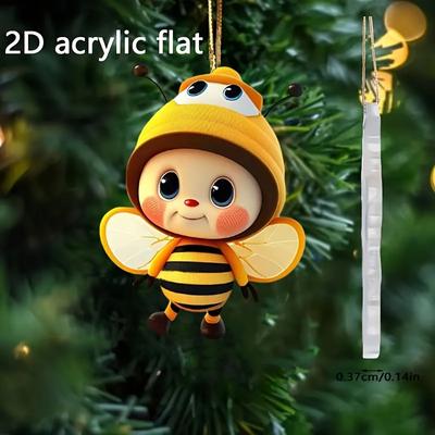 1pc Cute Bee Keychain Charm, Acrylic Flat Christmas Tree Ornament, Classic Style Car Rearview Mirror Decor, Festive Holiday Gift And Xmas Decoration