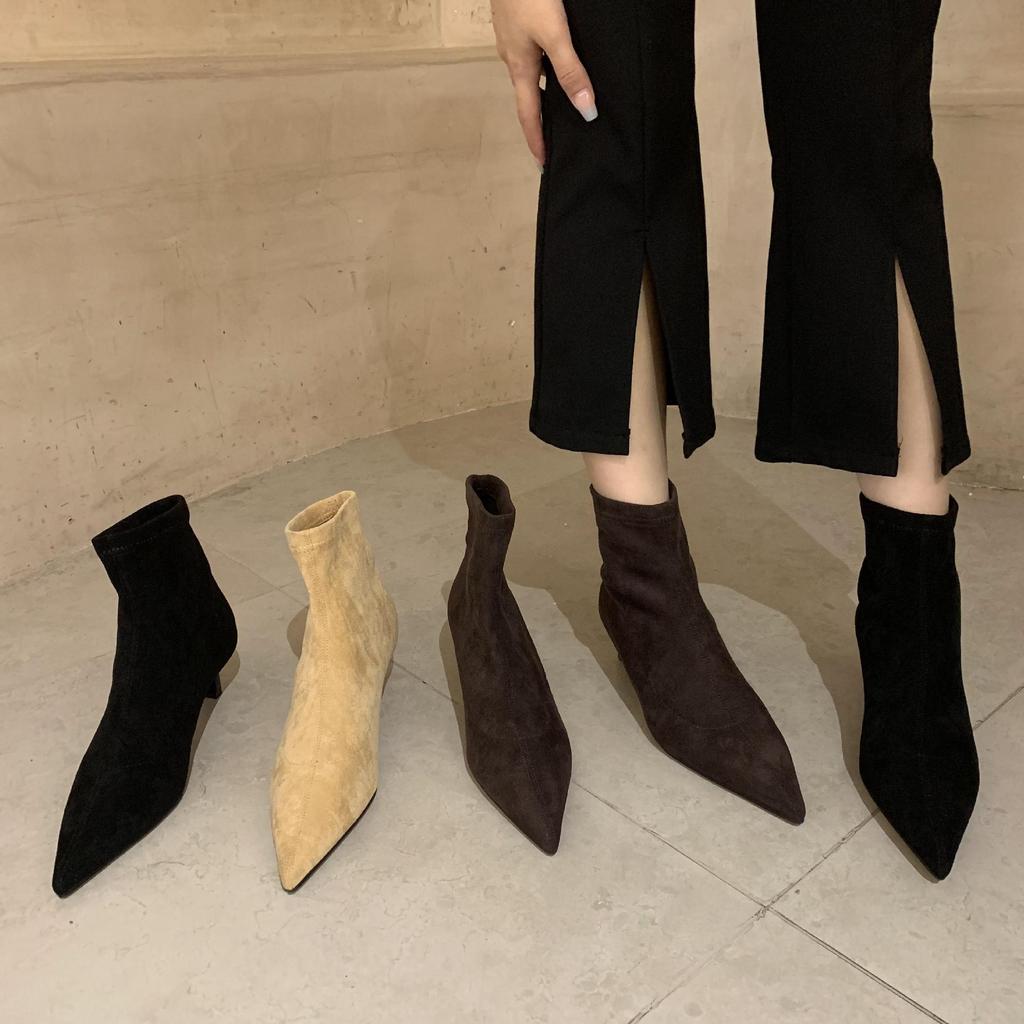 2025 autumn and winter pointed thin heel elastic boots Internet celebrity thin boots medium boots matte high heel velvet commuter short boots women