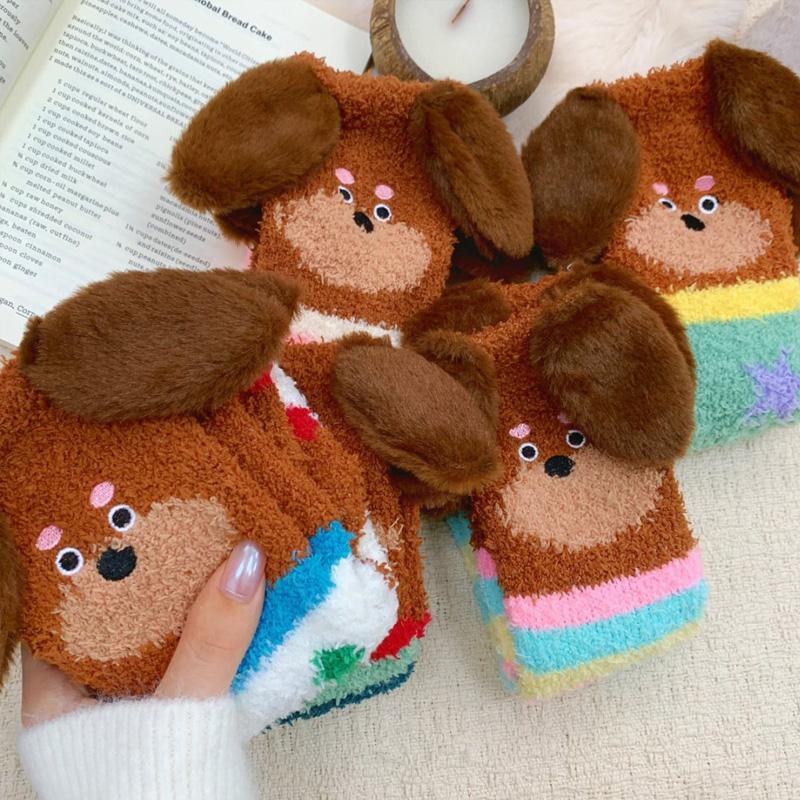 1Pair Thick Socks Cartoon Floor Socks Warm Coral Fleece Socks Comfortable Sleep Socks Skin-friendly Sausage Dog