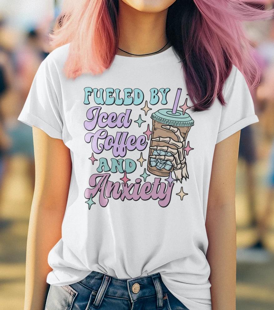 Fueled by Iced Coffee and Anxiety Shirt - Funny Graphic Tee for Coffee Lovers S