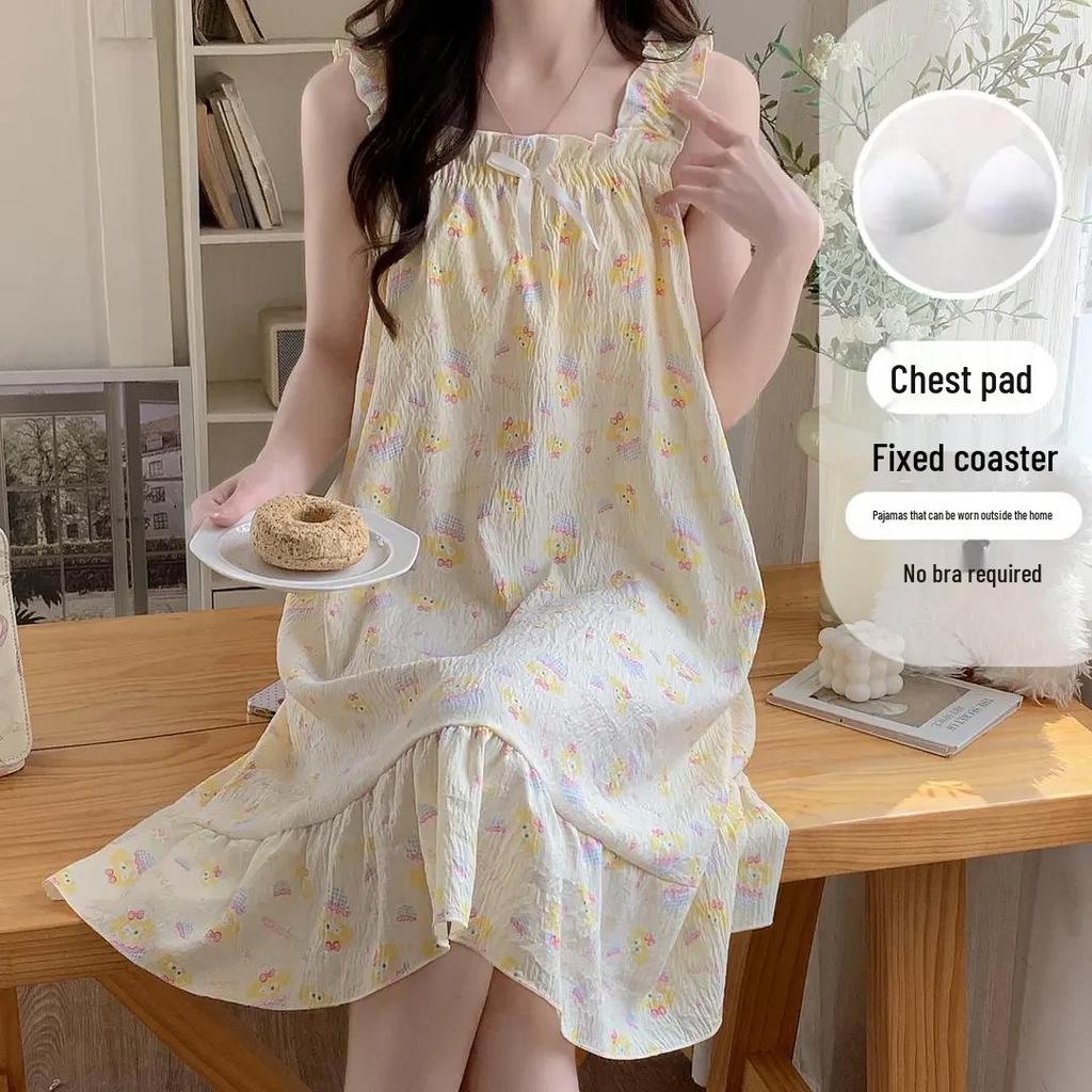 2026 Summer Women's Cartoon Padded Strappy Loose Nightgown Dress Pajamas - Sweet Outdoor Style