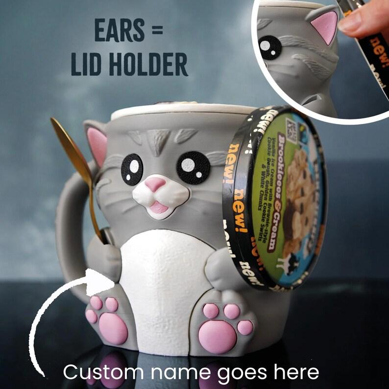 Cute Cat Ice Pint Holder Reusable 3D Printed Popsicle Containers with Snack Drawer & Handle for Cat Lovers Gifts (without Spoon)