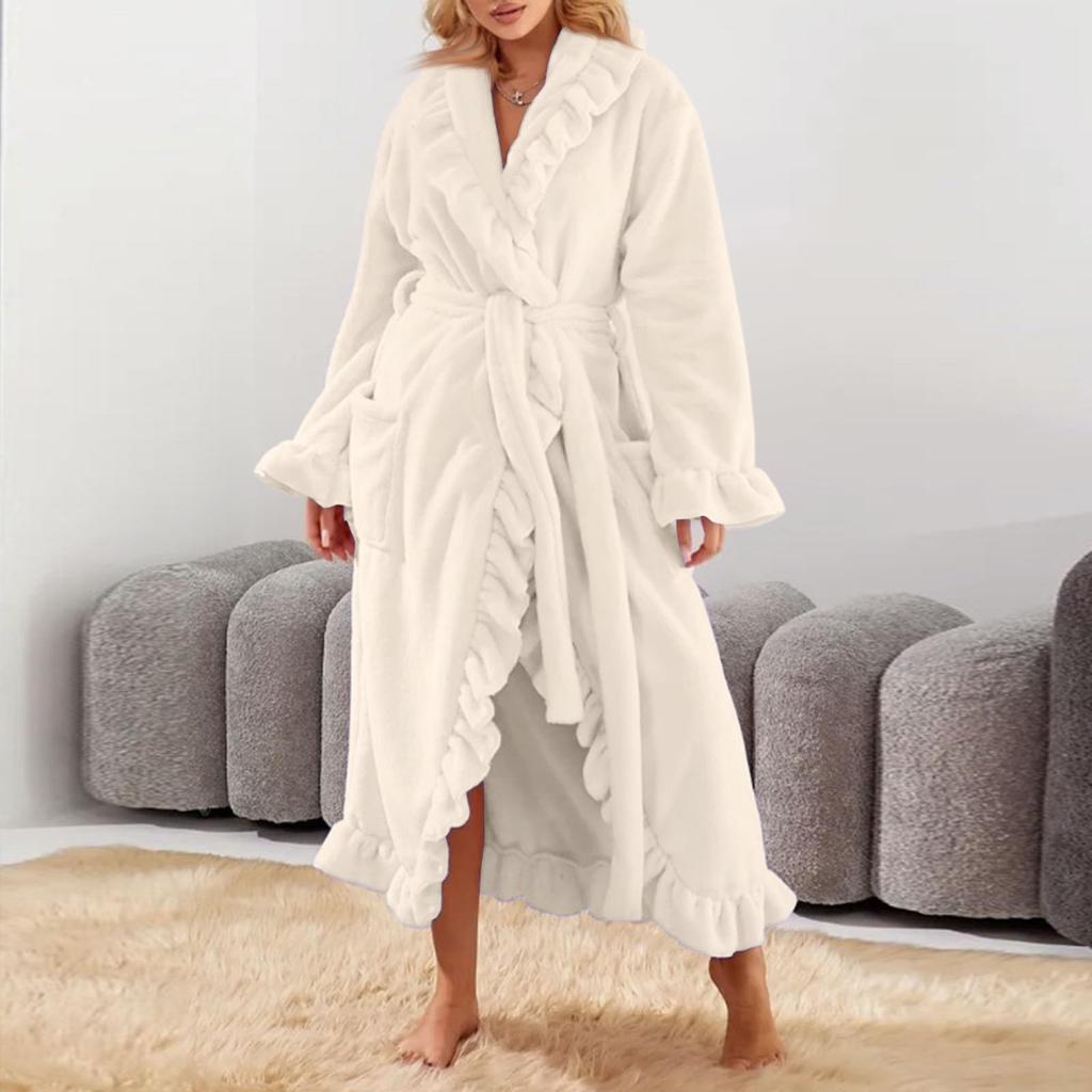 Women's Long Warm Nightgown Home Wear Solid Color Thick Bathrobe Close Fitting Pajamas