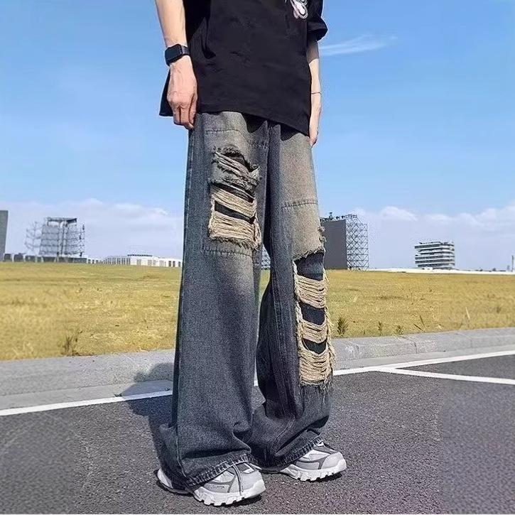 Jeans Feminino Retrô de Perna Larga Rasgado - Estilo de Rua Americano, Calças da Moda para o Outono