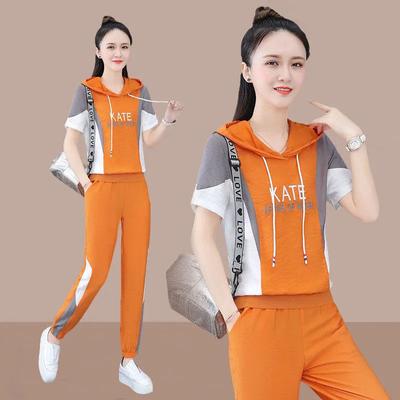 Fato Feminino Primavera Verão Novo Conjunto de 2 Peças Top Curto de Manga Curta com Capuz Calças Fato de Treino de Lazer Roupa de Moda Coreana