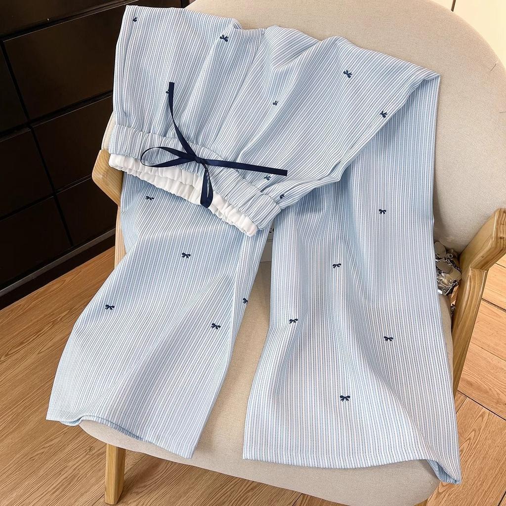 Korean-Style Blue Lace Striped Wide-Leg Pants for Women - Spring/Summer Straight-Leg Casual Trousers with Design-Forward Details