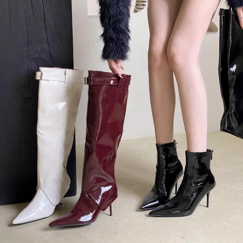Designer Sexy Patent Leather Woman Knee-High Boots Thin Heels Long Booties Belt Buckle Strap Stripper Shoes