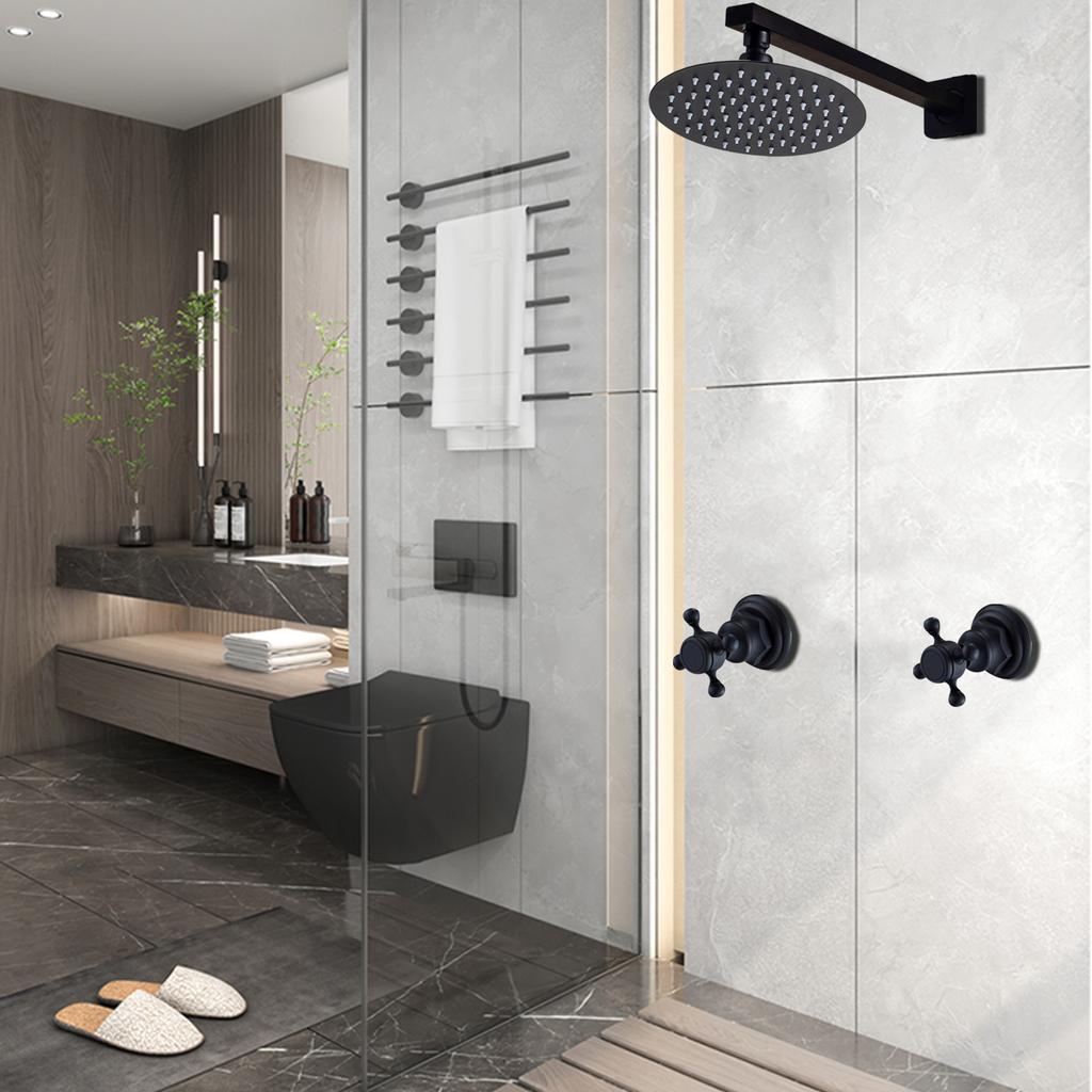 8'' High Pressure Shower Head with 2-Handle Mixer Valve Kit, G1/2" Thread, Wall Mounted Round Rain Shower Faucet Set Black