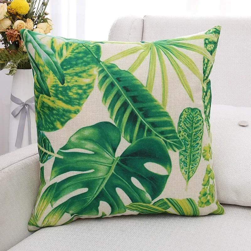 Green Plants and Flowers Cotton and Linen Pillow Customized Linen Car Pillow Sofa Pillow Cover Home Decoration