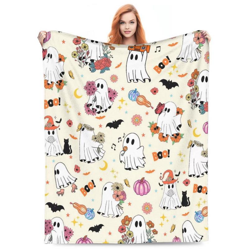 Differnet Size Halloween Throw Blanket with All The Classics | Black Cat, Pumpkin & Bat Print, Super Soft Plush for Sofa & Bed