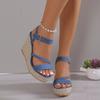Large size one word with wedge heel sandals women's thick-soled waterproof table cloth surface high heel straw woven cool slippers women