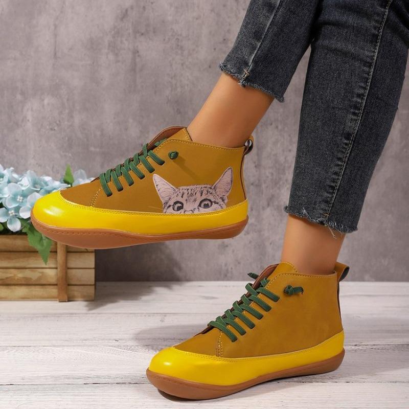 Botas Femininas Plus Size Estampa de Gato Cano Curto Salto Baixo Cadarço Moda Confortáveis Todas as Estações Primavera Outono