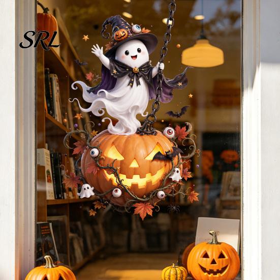 Waterproof Holiday Decorations Halloween Window Stickers, Cartoon Ghost Black Cat Pumpkin Static Glass Decorative Film for Parties Decals Shop