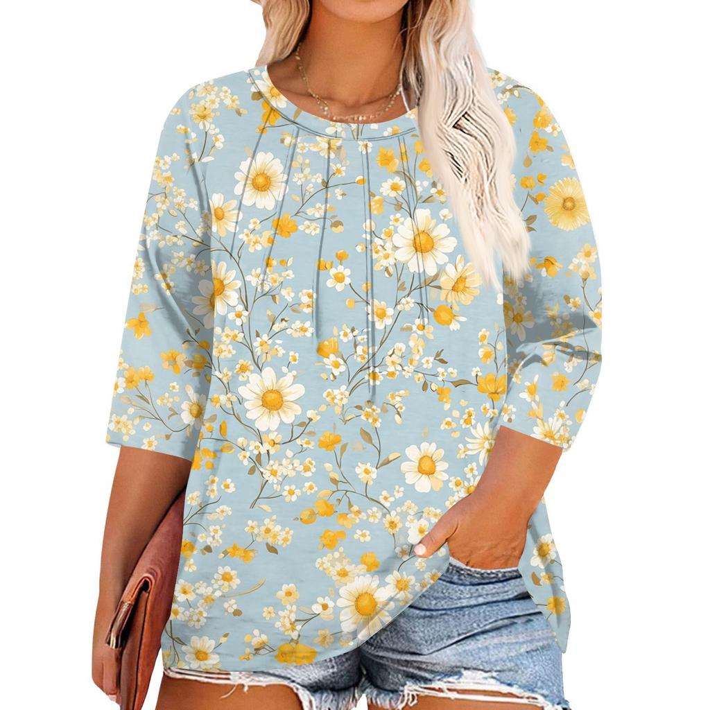 Women's Print Round Neck Plus Size Tops 3/4 Sleeves Elegant Shirt Tops